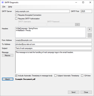 Screenshot of SMTPdiagnostic showing various fields with some example data.